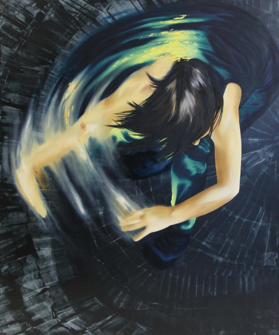 LIA HALLORAN (AMERICAN, b. 1977).: Oil and acrylic on canvas-wrapped panel. "Cetripetal/Centrifugal". 2006. Signed and dated verso. DCKT Contemporary label affixed verso. - Dimensions: 72" high x 59.25" wide