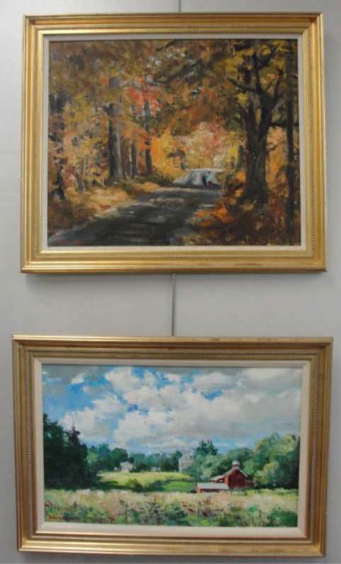 BOGDANOVIC, Bogomir. 2 Oils on Masonite.: Both signed lower left. Bogomir Bogdanovic Yugoslavian, 1923-; active in New York from 1957 on. From a Larchmont, NY estate. Dimensions: 17" h x 25.5" & 20" h x 25" w.