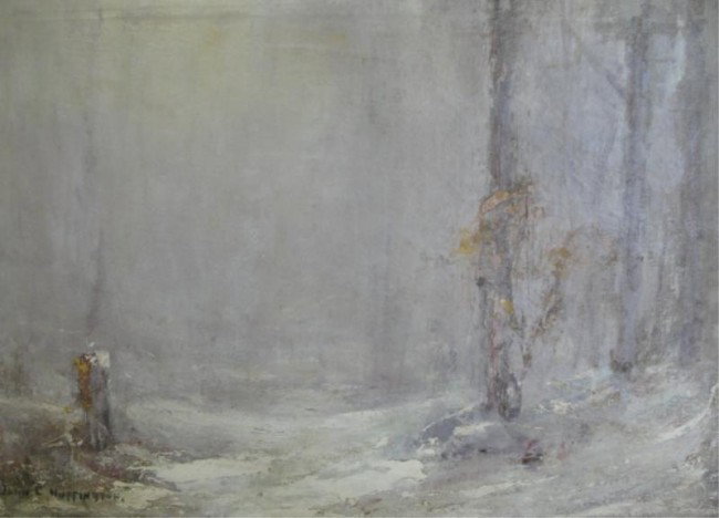 HUFFINGTON, J.C. Oil on Canvas Snow Scene.: Signed lower left. John Clifford Huffington, American - Connecticut, 1864 - 1929. From a Connecticut collector. Dimensions: 22" high x 30" wide. Condition: Good.