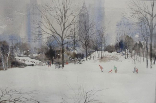 BOGDANOVIC, Bogomir. W/C of Central Park NYC.: Bogomir Bogdanovic Yugoslavian, 1923-; active in New York from 1957 on. From a Larchmont, NY estate. Dimensions: 14" high x 21" wide. Condition: Good, not examined out of frame.