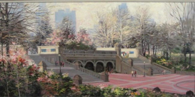 BOGDANOVIC, Bogomir. O/C Central Park NYC.: Signed lower right. Bogomir Bogdanovic, Yugoslavian, 1923-; active in New York from 1957 on. From a Larchmont, NY estate. Dimensions: 24" high x 48" wide.
