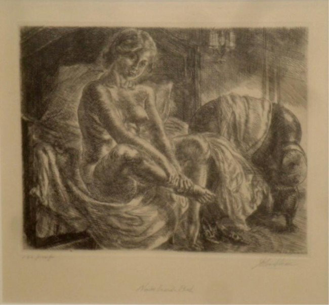 SLOAN, John. Etching "Nude Beside Bed.": Ed. 100/proofs. From a Dobbs Ferry, NY home. Dimensions: 5.25" x 6.75."