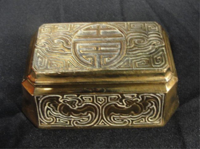 TIFFANY STUDIOS NEW YORK Inkwell. Chinese: Octagonal Inkwell with Glass Insert. Tiffany Studios double inkwell, long octagonal shape, bronze in the Chinese pattern, signed Tiffany Studios, New York, #1763. Glass as is-chip. From a Long Island 