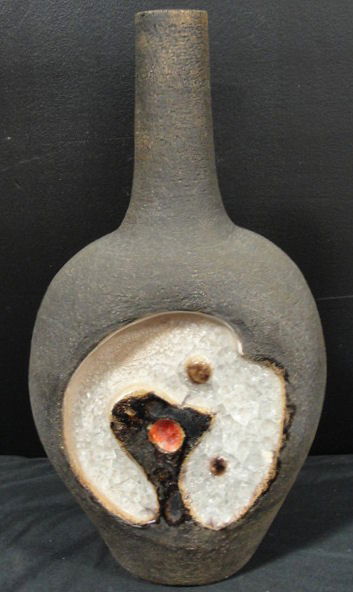 Midcentury Raymor Pottery Vase with Encased Glass.: Signed on base "692 Italy B." From a Manhattan location. Dimensions: 16" high x 8" wide x 6" deep.