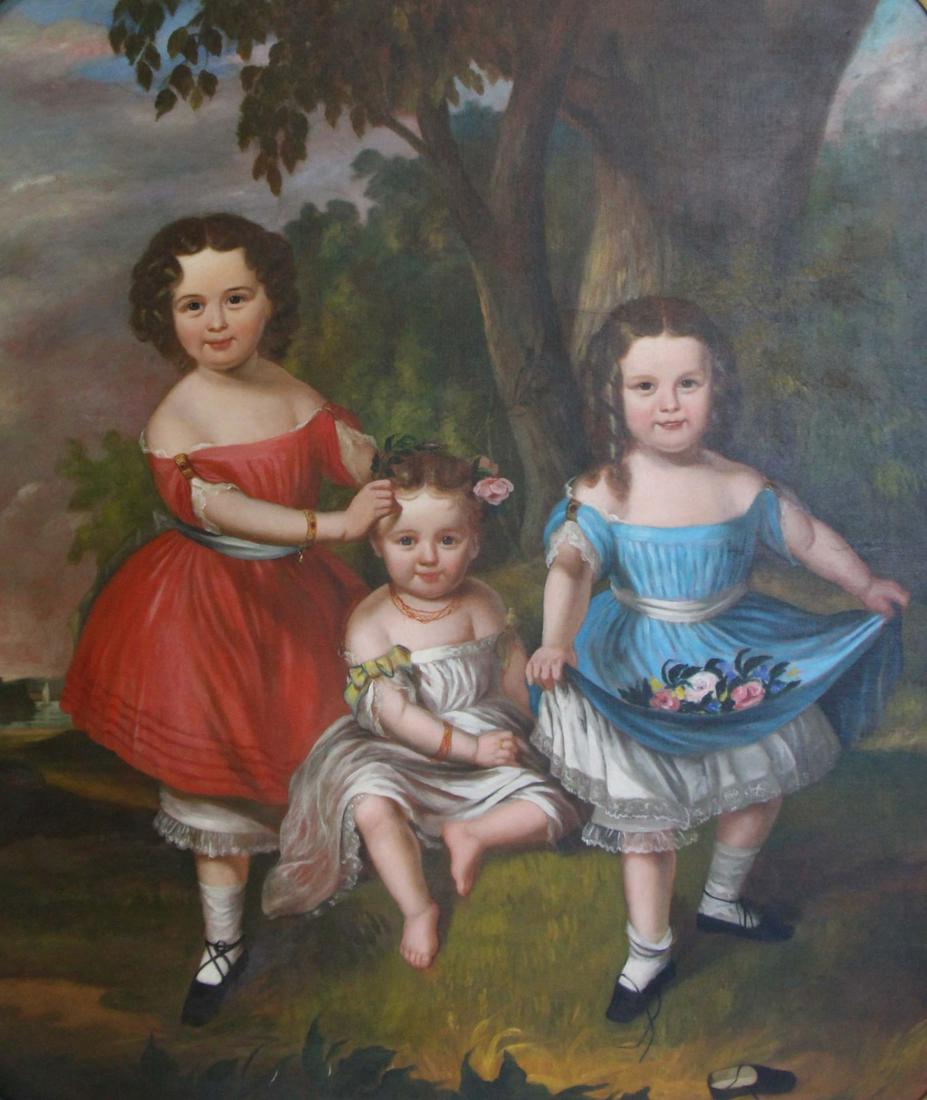 AMERICAN SCHOOL (19TH CENTURY).: Oil on canvas. Portrait of Three Children. From a Rye, NY collection. - Dimensions: 60" high x 50.5" wide