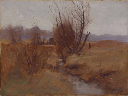 GUSTAVE WOLFF (AMERICAN, 1863-1935).: Oil on canvas. "Windswept Meadows". 1905. Signed and dated lower right. Estate stamp verso. Wichita Art Museu and Hawthorne Fine Art labels verso. From a New York, NY collection. - Dimension