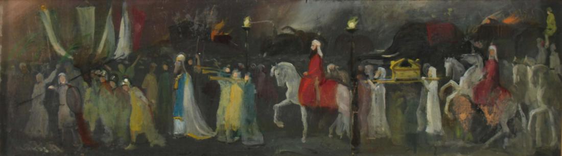 ALFRED LAKOS (HUNGARIAN, 1870-1961).: Oil on board. Hanukah Scene. Signed lower left. Titled verso. From a New York collection. - Dimensions: 6" high x 20" wide