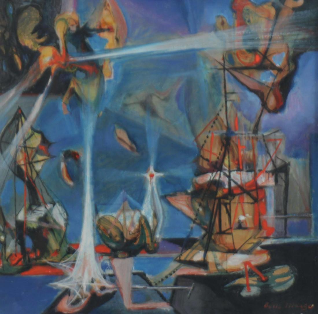 BORIS MARGO (AMERICAN, 1902-1995).: Oil on paper. Surrealist Scene. Signed lower right. From a Massachusetts collection. - Dimensions: 9.5" high x 9.5" wide