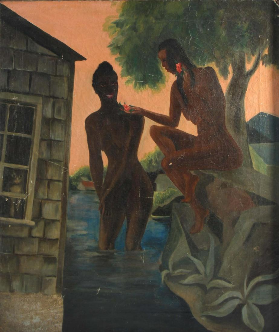 AMERICAN SCHOOL (20TH CENTURY).: Oil on board. Bathers. From a New York collection. - Dimensions: 24" high x 20" wide
