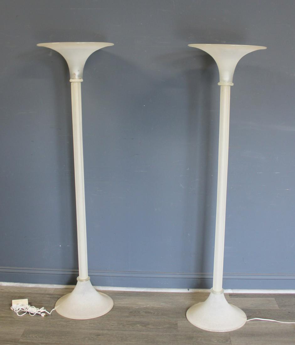 A Vintage Pair Of Italian Frosted Glass Torchiere: Lamps. Marked Milano on cable. From a Scarsdale NY estate. - Dimensions: 67"H x 18"dia