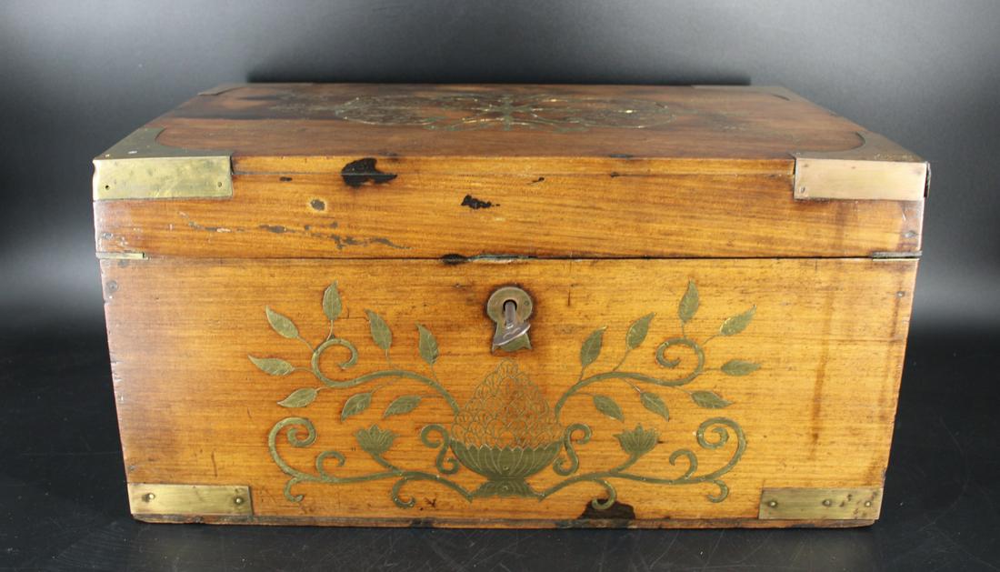 Anglo Indian? Brass inlaid Campaign Style Desk.: From an East 57th St NYC estate. - Dimensions: 21" x 13" x 11"