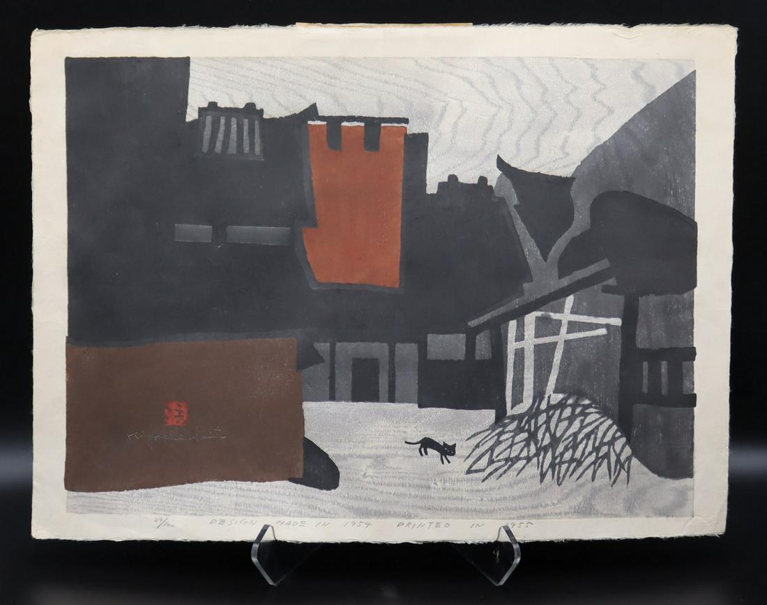 KIYOSHI SAITO (Japanese, 1907-1977).: Signed Kiyoshi Saito Japanese woodblock print, "Ancient City Nara". Pencil signed lower left; with additional inscriptions, "26/100 Design Made in 1954 Printed in 1955". Accompanie