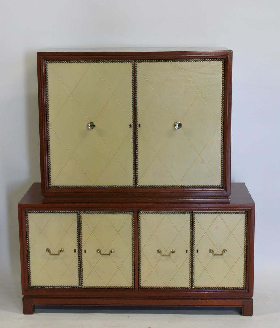 Grosfeld House Cabinet In Style Of Parzinger.: Great quality and decorative with leather front. From a New Jersey estate. - Dimensions: 55" h x 17" d x 47" w