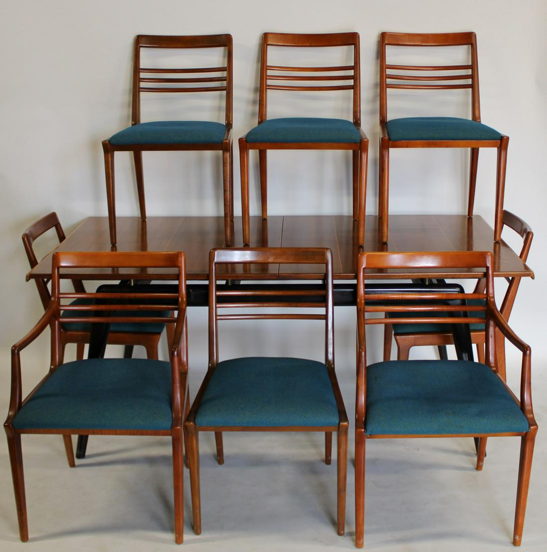 Robin Day (GB 1915-2010) Dining Table & Chairs: A beautiful and rare set designed by Robin day. To include an ebonized and blonde wood table with stripe inlay (47.5" x 72" x 30") and 1 leaf and 6 side chairs (33"h x 19" w x