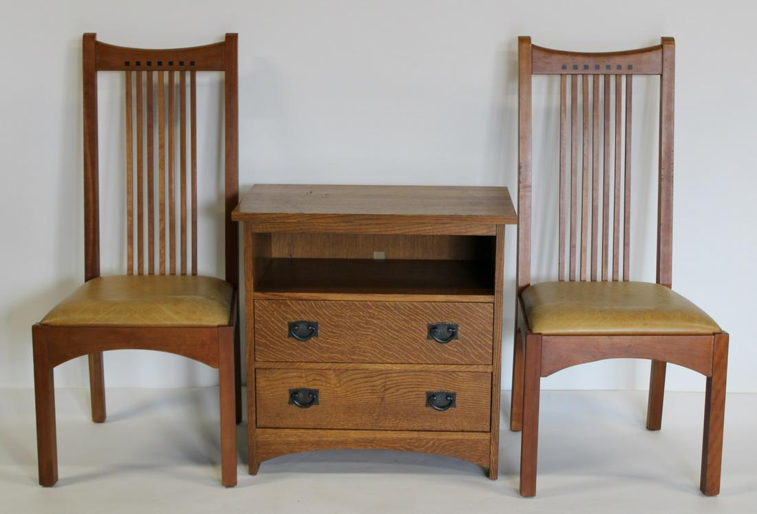 Stickley Signed Oak Arts & Crafts Chairs & Cabinet (1 of 9)