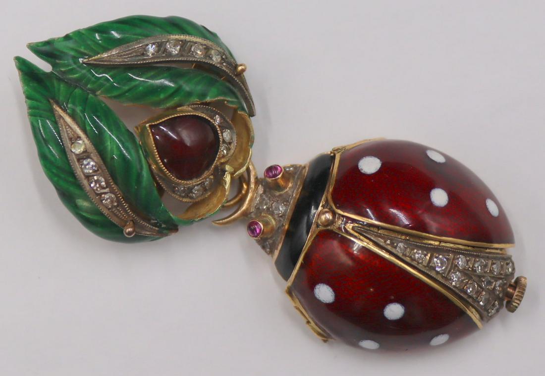 JEWELRY. Gold, Diamonds, Enamel and Colored Gem: Ladybug Watch Pendant and Brooch. Includes a Continental 18kt gold ladybug pendant with enamel decoration to hinged wings, (17) single cut diamond accents and colored gem cabochon eyes - with unidenti