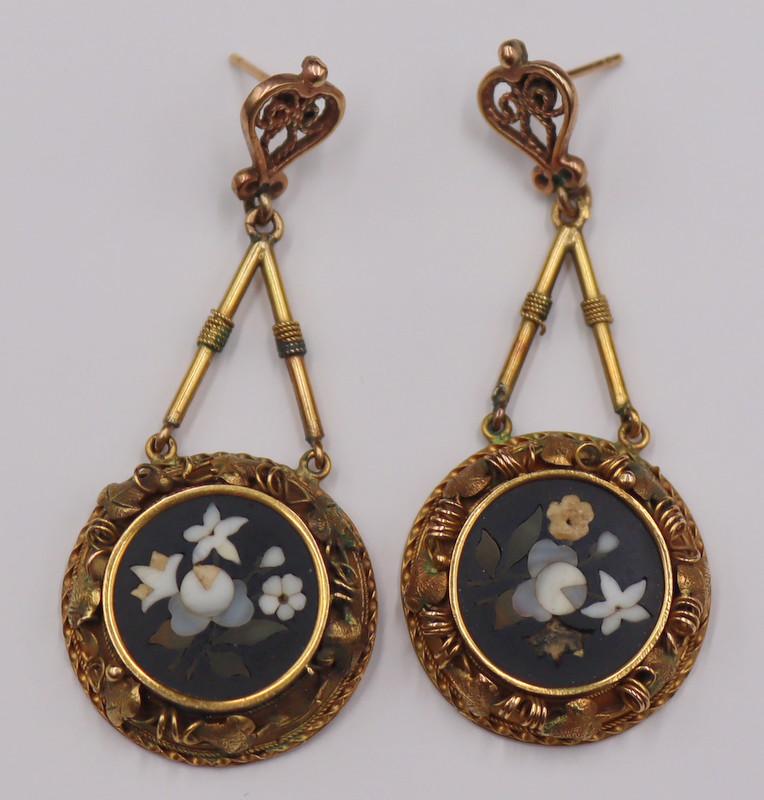 JEWELRY. Pr of 14kt Gold and Pietra Dura Earrings. (1 of 9)