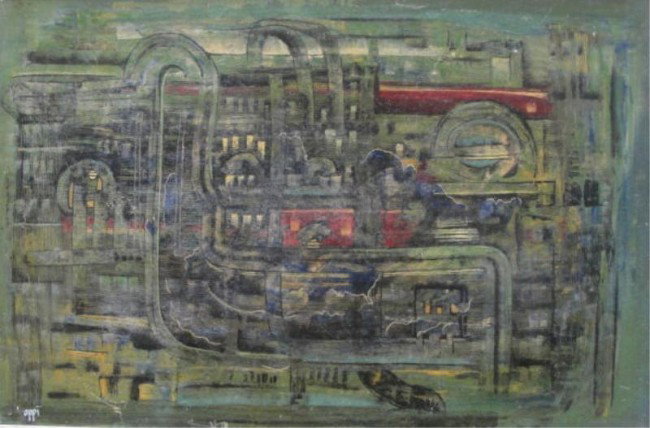 OPPI. 1978 Signed Futurist Oil on Masonite.: Signed lower right. From a Connecticut estate. Dimensions: 17" high x 26" wide. Condition: Good.