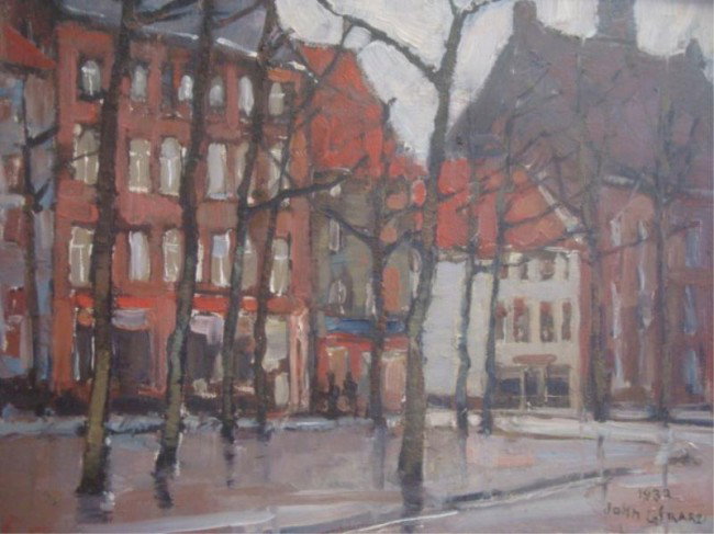 GERARD, John. 1932 O/B of City Houses in Twilight.: Signed lower right and dated. John Gerard, Belgian, 1900-1965. From a Nassau Co., Long Island location. Dimensions: 10.5" high x 13.5" wide. Condition: good