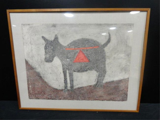 TAMAYO, Rufino. Litho - "El Perro Mueve la Cola": Lithograph in colors (mixografia) on Arches paper. Signed lower right and edition 55/100 lower left. From a Beverley Hills professional office. Dimensions: 22.25" high x 30" wide. Condition: Good - co