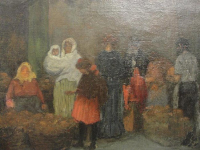 MYERS, Jerome. Oil on Canvas of Market Scene: Signed lower right. Jerome Myers, American - New York, 1867 to 1940. Patches and Babcock gallery label verso. From a Nassau County, Long Island estate. Dimensions: 16" high x 20" wide.