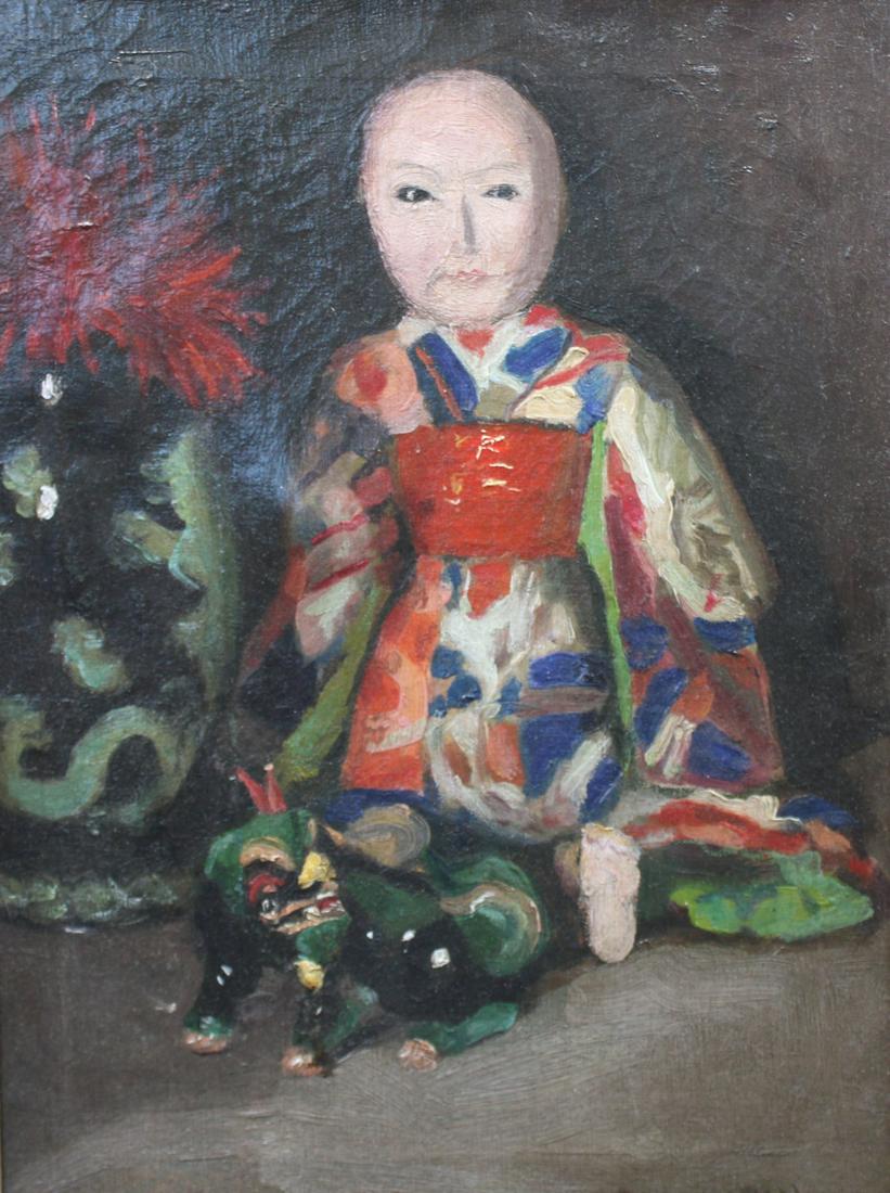 REYNOLDS BEAL (AMERICAN, 1866/67-1951).: Oil on Board. Still life of doll. Signed "Reynolds Beal" to lower right. From a Sutton Place, South NYC estate. - Dimensions: 16" h x 12" w.