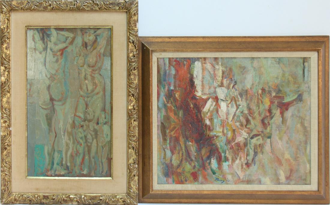 ANTHONY TONEY (AMERICAN, 1913-2004).: Two paintings. Nude is oil on masonite, and the abstract is oil on canvas. Signed lower left and verso. From an Eastchester, NY estate. - Dimensions: 22" h x 14" w & 17" h x 21.5" w.