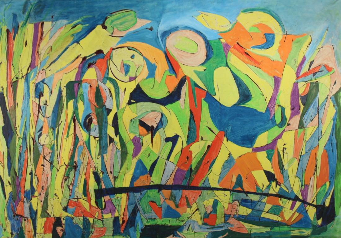 UNSIGNED OIL ON CANVAS ABSTRACT. (1 of 3)