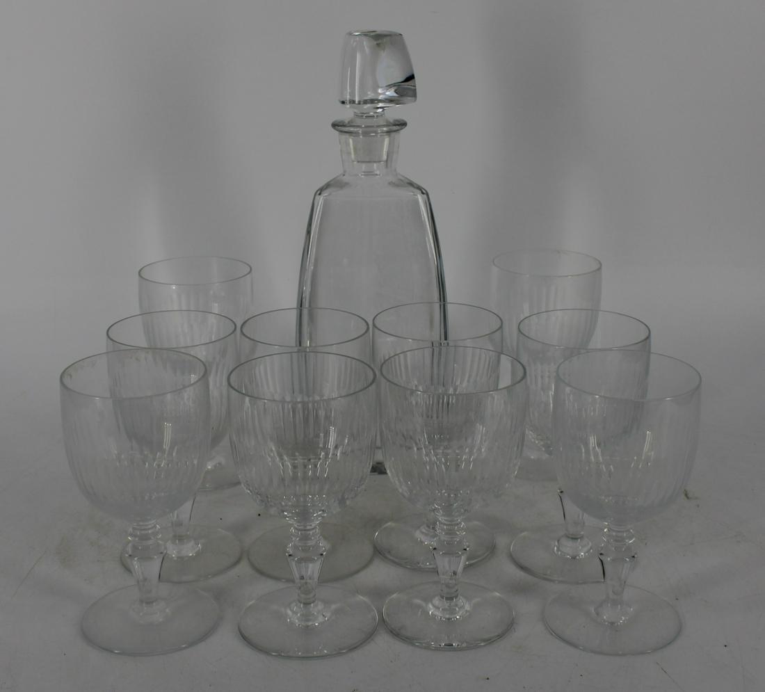 Baccarat Decanter & 10 Glasses.: Signed on the base. From an East 87th St NYC estate. - Dimensions: Decanter 12"H; Glasses 5.75"H