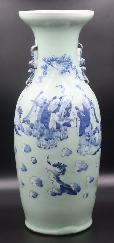 Chinese Blue and White Celadon Ground Vase.: Chinese blue and white celadon ground vase with depictions of scholar's examining a scroll. Buddhistic lion and cub form handles. From a Scarsdale, NY estate. Dimensions: vase measures approx. 24.125&