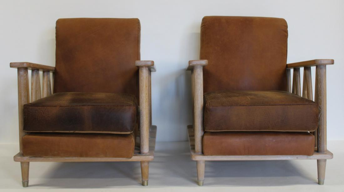 Pair of Blonde Wood Arm Chairs with Leather (1 of 6)