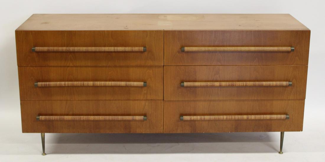 Midcentury Robsjohn Gibbings Dresser With Brass: Feet And Wicker Handles by Widdicomb. From a Larchmont NY estate. - Dimensions: 32"h x 22" x 68"