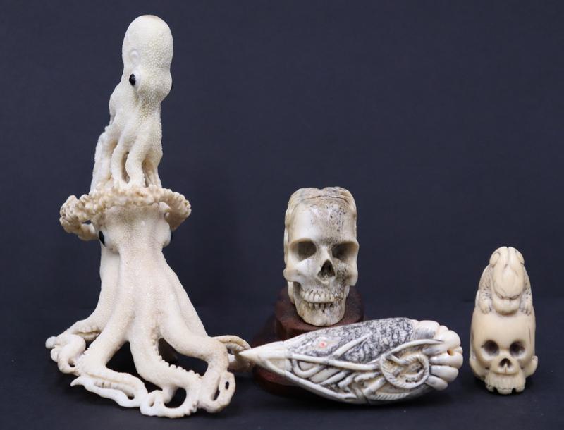 Grouping of Maritime Carved Creatures and Skulls.: Including a masterfully executed carved antler depicting a three-dimensional realistic interpretation of octopuses; an extremely well executed bone pendant with etched scrimshaw work depicting a three