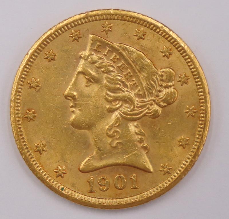 NUMISMATICS. 1901 S $5 Liberty Half Eagle Gold (1 of 2)