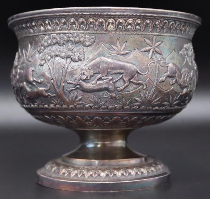 SILVER. Indian Repousse Silver Pedestal Bowl. (1 of 16)