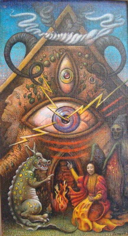 LINDALL, Terrance. Oil on Canvas on Masonite.: Fantastic scene with eyes. We now understand that the artist titled it "Raphael Debating with The Devil Before the Tower of Truth." Signed lower right Lindall '99. Terrance Lindall, American - Brookly