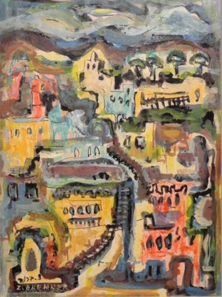 BRENNER, Zippora. Mixed Media on Paper. Jerusalem.: Signed in Hebrew and English lower left. Zippora Brenner, 1916 - 2010. From a Rye, NY estate. Dimensions: 12" x 9" Condition: Good.