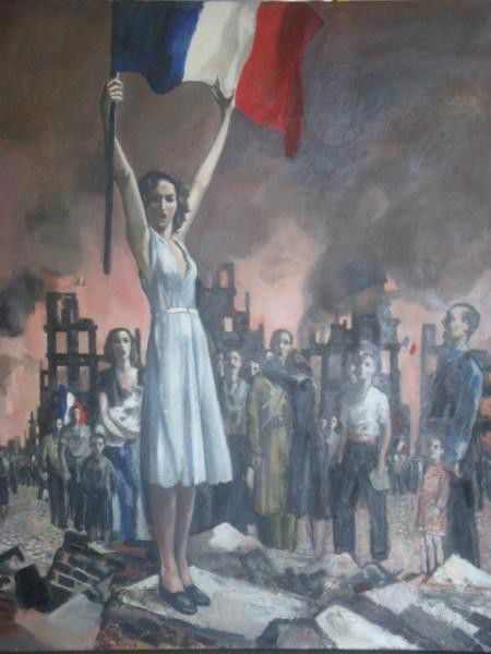 LAMOTTE, Bernard. O/C Defiant French War Survivors: Signed lower right. Bernard Lamotte, Born Paris, Died NYC, 1903-1983. Lamotte painted the murals at La Cote Basque. From a Mamaroneck home. Dimensions: 51" high x 42.5" wide. Condition: Patch upper ri