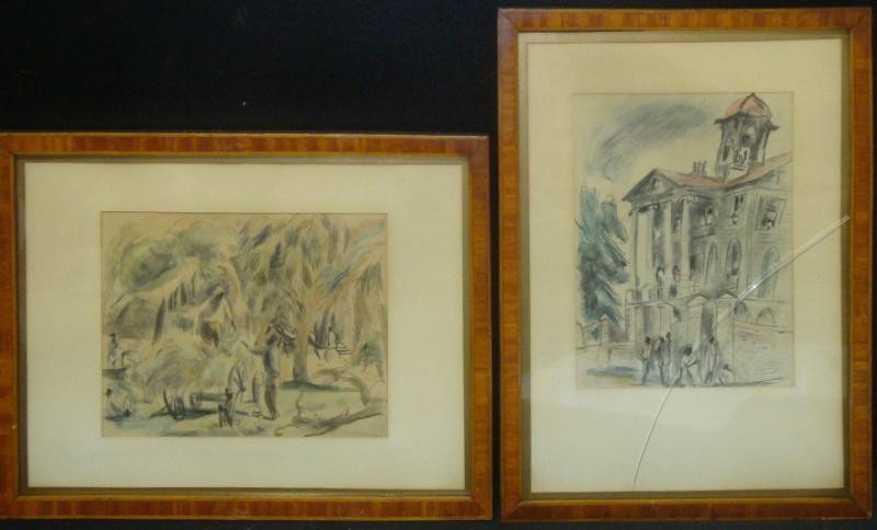 PASCIN, Jules, Attr. 2 W/C's- Field Workers &: a Church. Not apparently signed. From a Manhattan estate purchased at Sotheby's Parke Bernet (Lots 31 & 32)- labels and inscriptions verso. Dimensions: 7.25" x 9.75" & 7.5" x 9.75." Condition: Paper t