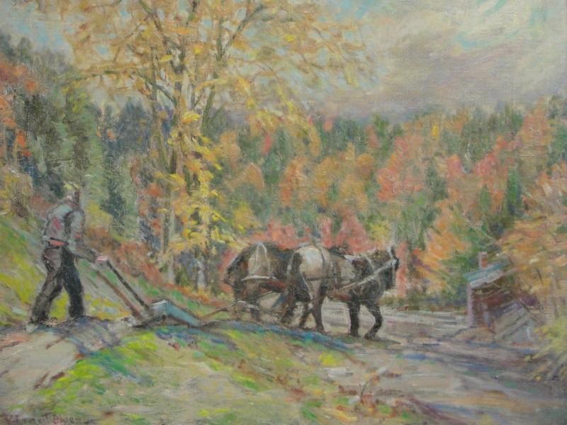 OWEN, Robert Emmett. Impressionist O/C Farmer: and Horses in Landscape. Signed lower left. Robert Emmett Owen, American, 1878 - 1957. From a Connecticut collector. Dimensions: 20" high x 24" wide. Condition: Good.