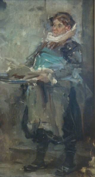 MORAN, Leon. O/B of Waiter and Roast.: Signed lower left. Leon Moran, American, 1864 -1941. From a Fifth Avenue estate. Dimensions: 9.5" x 5.5." Condition: Good.