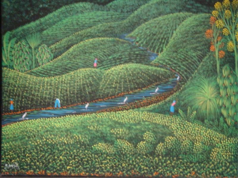 BRESIL, H.R. O/C Harvest Landscape with Figures: Signed lower left, price of $650 on stretcher verso. Henri Robert Bresil, Haitian, 1952 - . Artist is heavily listed. From a Queens, NY estate. Dimensions: 20" high x 24" wide. Condition: Good.