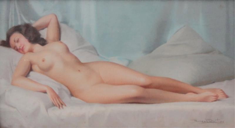 DUFTOS, Robert. Pastel of Art Deco Nude Behind: Glass. Signed lower right. As is. Robert Duftos, British, 20th Cent. From a New Rochelle collector. Dimensions: 15.5" high x 28.75."