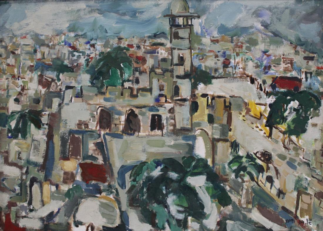 A. BEN (Jewish). Oil on Canvas. Village Scene.: Signed in Hebrew characters to lower left. - Dimensions: 20" h x 27.5" w. Frame: 26" h x 34" w.