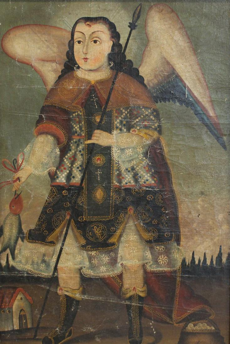 Cuzco School. Oil on Canvas laid on Masonite.: Portrait of Archangel. Apparently unsigned. - Dimensions: 31" h x 20" w. Frame: 37" h x 27" w.