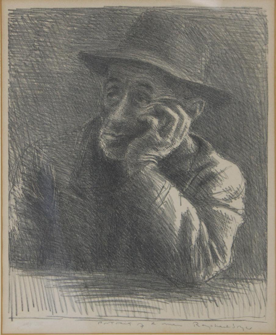 Raphael Soyer (American, 1899-1987).: Lithograph. Portrait of a Man. Signed to lower right. Dimensions: 12.25" h x 10" w. Frame: 20.25" h x 16.25" w.