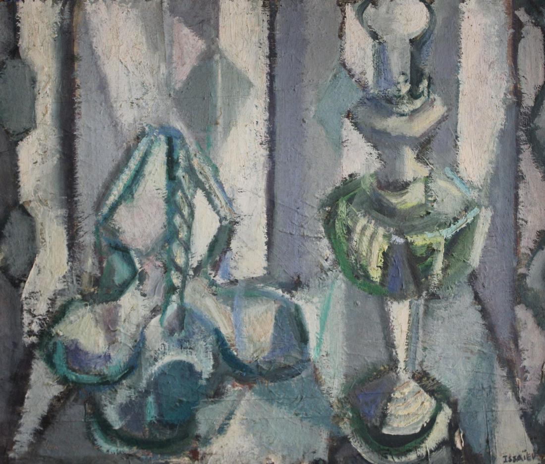 Nicolai Issaiev (Russian, 1891-1977).: "La lampe a petrole et le comptier". Oil on Canvas. Abstract. Signed to lower right. From a White Plains, NY estate. - Dimensions: 18" h x 21.5" w. Frame: 25" h x 29" w.