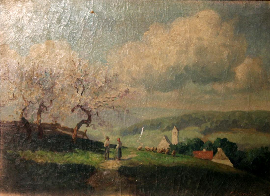 Carl Schleusing (Germany, 1865-1953).: Lakescape. Oil on Canvas. Signed to lower right. From a Dover, New Jersey estate. - Dimensions: 25" h x 33" w.