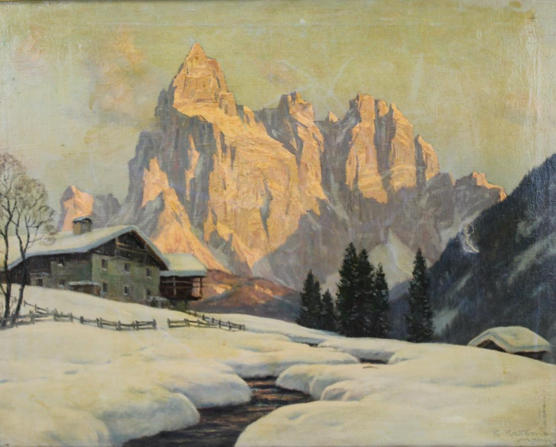 Erwin Kettemann (Gernany, b. 1897-1971).: Oil on Canvas. Snow scene. Signed to lower right. From a Bronx, NY estate. - Dimensions: 24" h x 30" w. Frame: 30" h x 36" w.