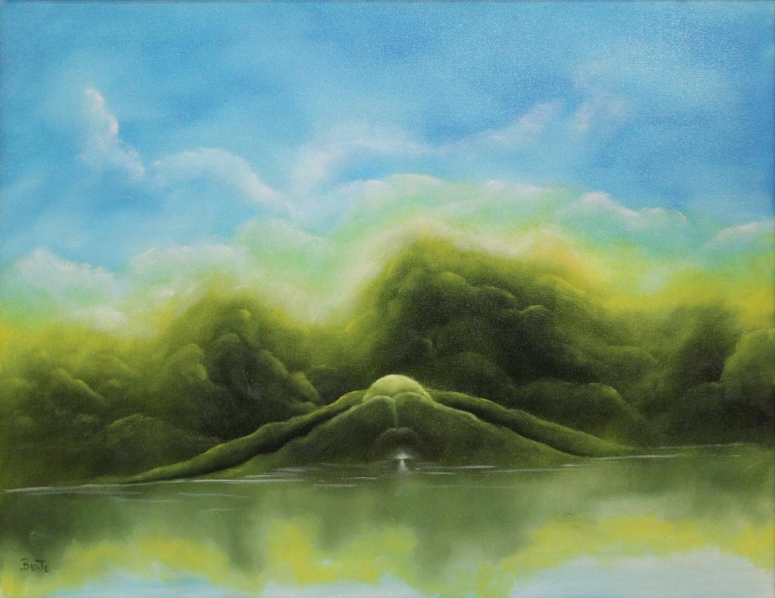 JIM WILLIAMS BUJO (U.S., 20TH CENTURY).: Oil on Canvas. Signed to lower left. Surrealist Landscape. From a Mount Vernon, NY estate.